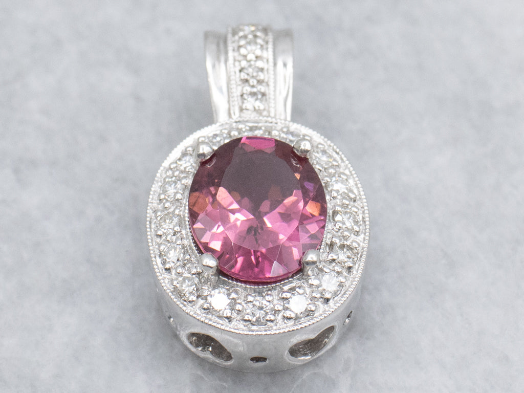 Modern Pink Tourmaline and Diamond Halo Sweetheart White Gold Pendant