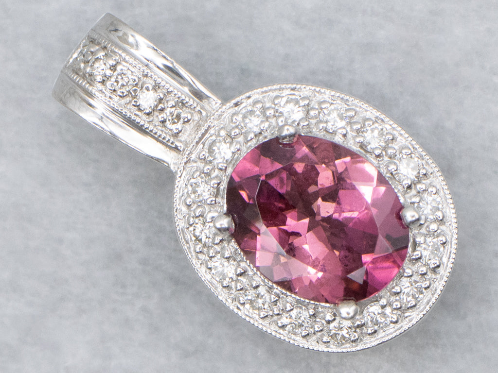 Modern Pink Tourmaline and Diamond Halo Sweetheart White Gold Pendant