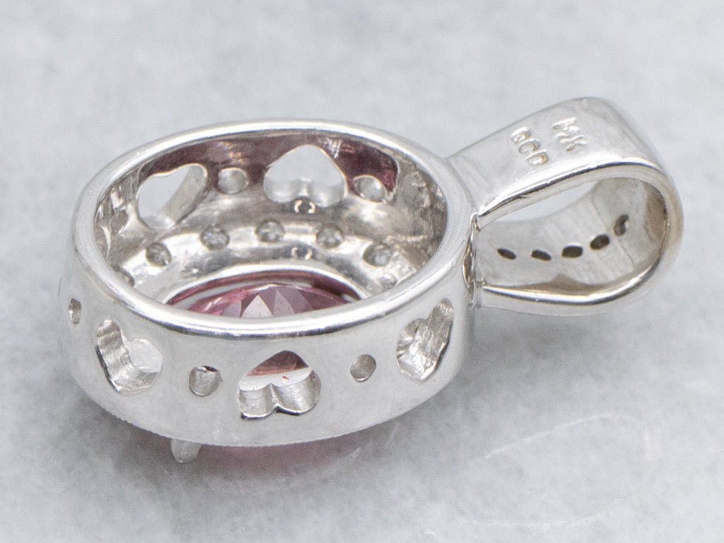 Modern Pink Tourmaline and Diamond Halo Sweetheart White Gold Pendant