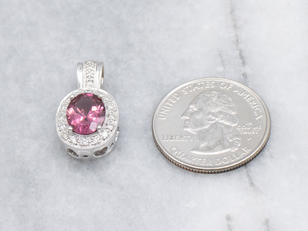 Modern Pink Tourmaline and Diamond Halo Sweetheart White Gold Pendant