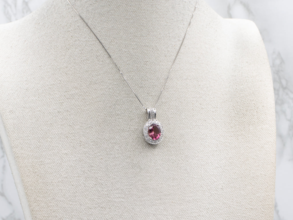 Modern Pink Tourmaline and Diamond Halo Sweetheart White Gold Pendant