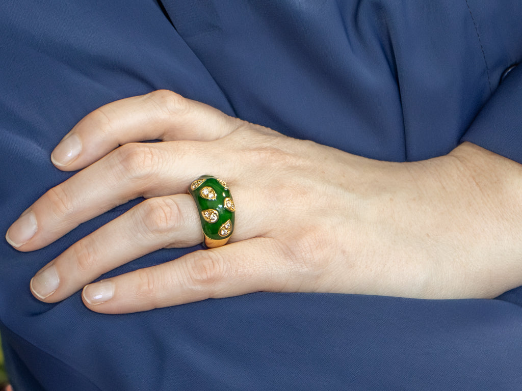 Mid-Century Diamond and Green Enamel 18-Karat Domed Band