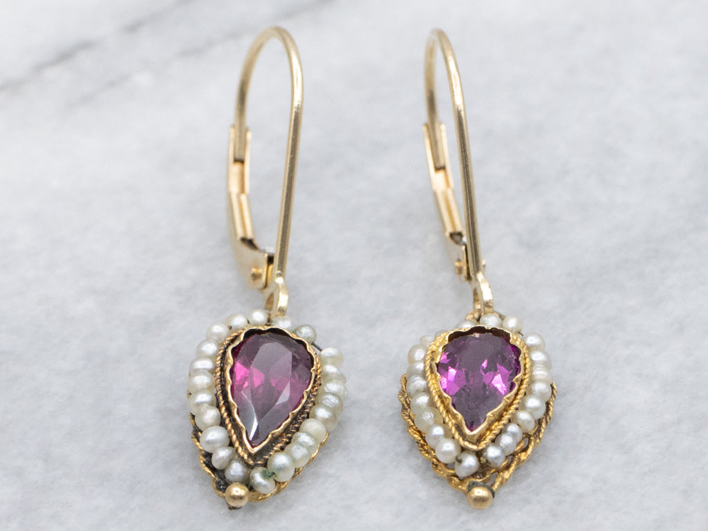 Georgian Era Rhodolite Garnet and Seed Pearl Halo Gold Drop Earrings