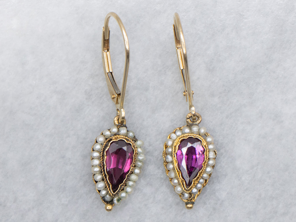 Georgian Era Rhodolite Garnet and Seed Pearl Halo Gold Drop Earrings