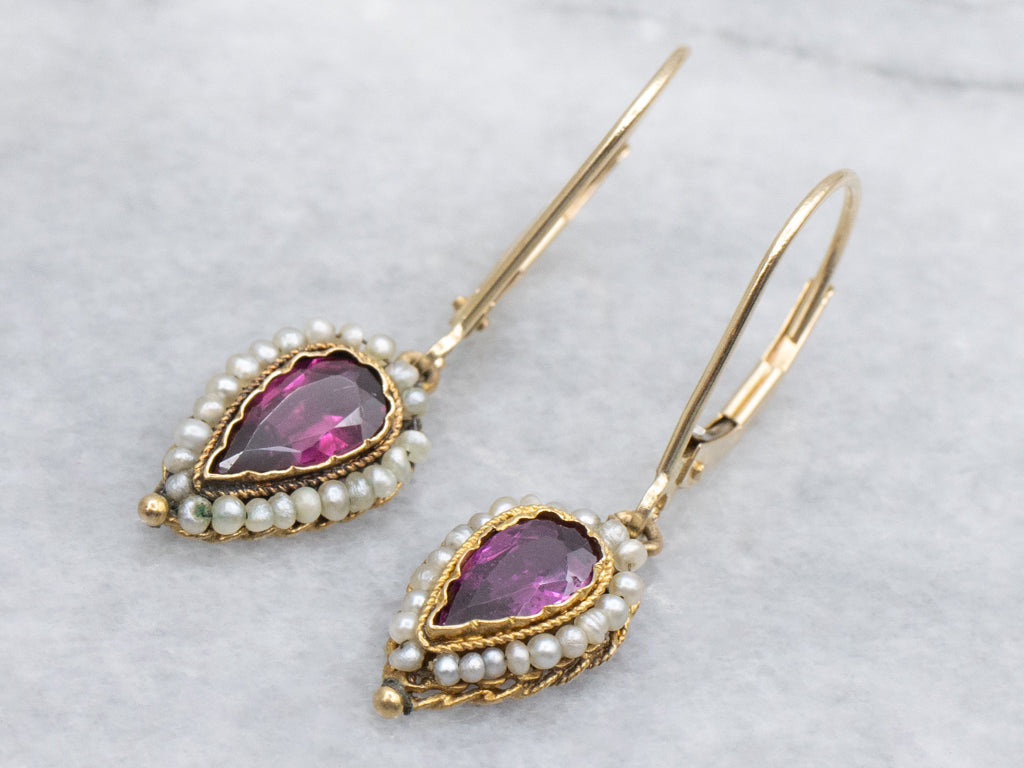 Georgian Era Rhodolite Garnet and Seed Pearl Halo Gold Drop Earrings