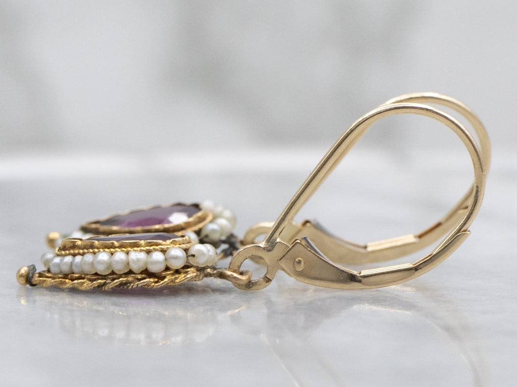 Georgian Era Rhodolite Garnet and Seed Pearl Halo Gold Drop Earrings