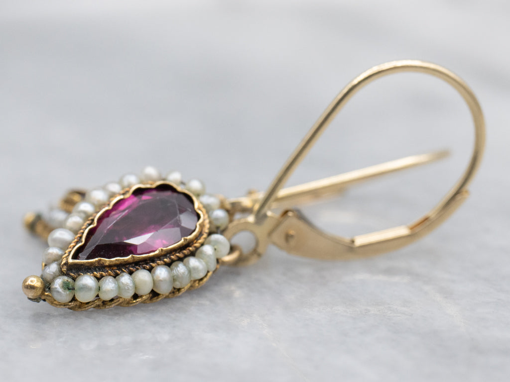 Georgian Era Rhodolite Garnet and Seed Pearl Halo Gold Drop Earrings