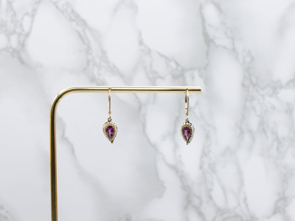Georgian Era Rhodolite Garnet and Seed Pearl Halo Gold Drop Earrings