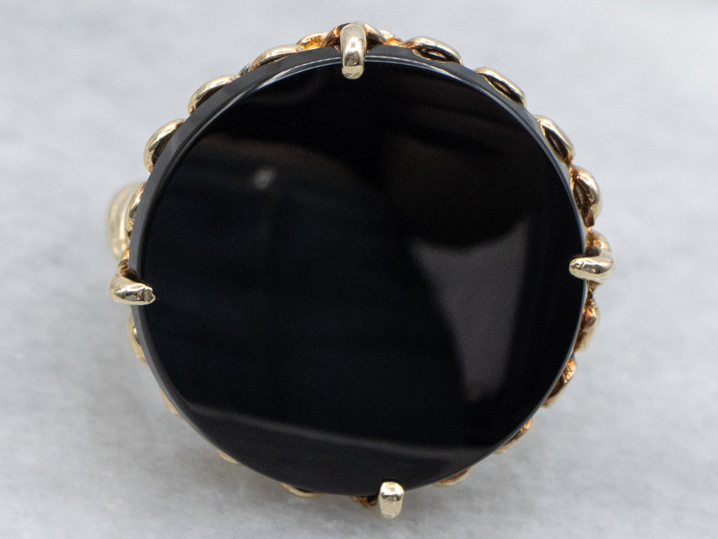 Vintage Twisting Gold Black Onyx Cabochon Cocktail Ring