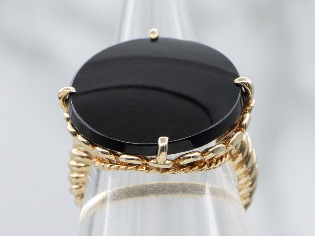 Vintage Twisting Gold Black Onyx Cabochon Cocktail Ring