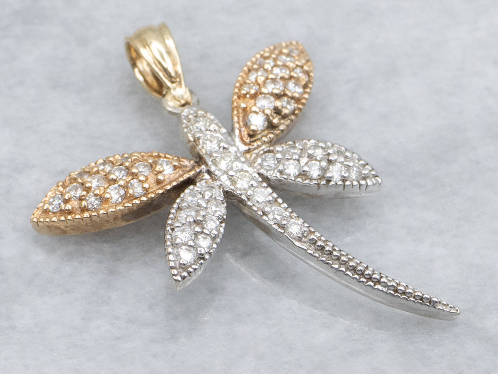 Diamond Tri-Color Gold Dragonfly Pendant