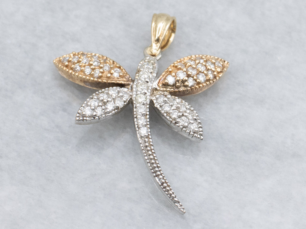 Diamond Tri-Color Gold Dragonfly Pendant