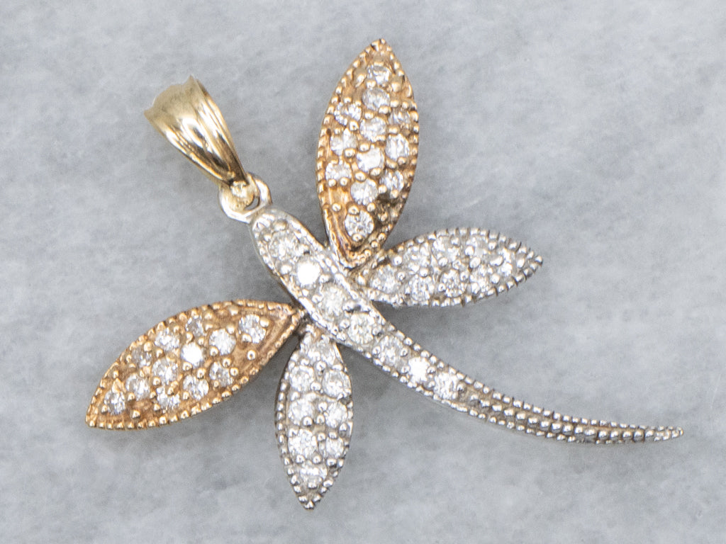Diamond Tri-Color Gold Dragonfly Pendant