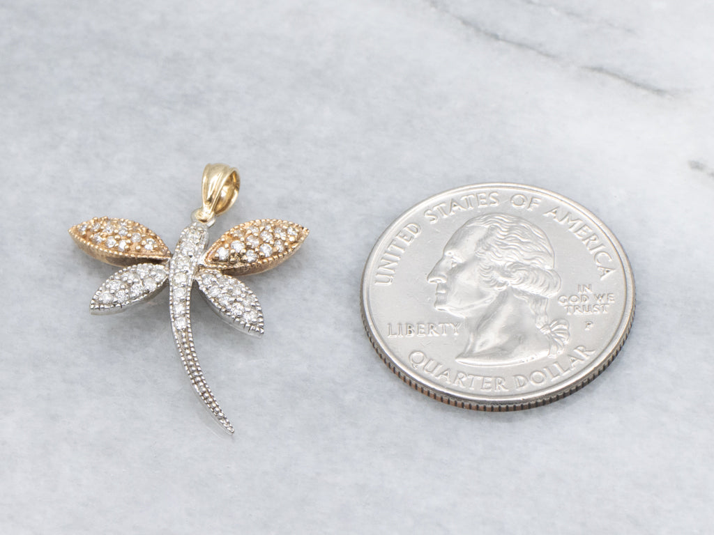 Diamond Tri-Color Gold Dragonfly Pendant