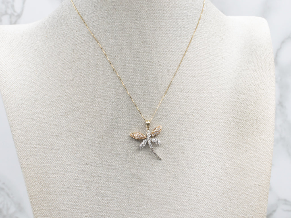 Diamond Tri-Color Gold Dragonfly Pendant