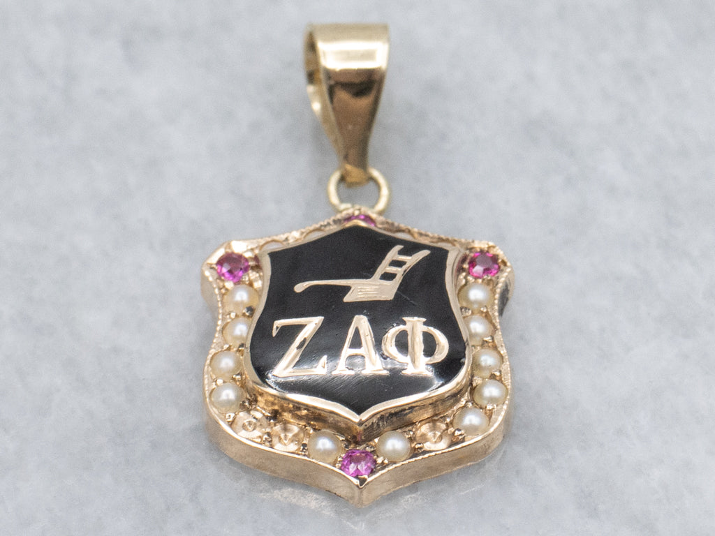 Antique Black Enamel Ruby Doublet and Seed Pearl "Zeta Alpha Phi" Sorority Pendant