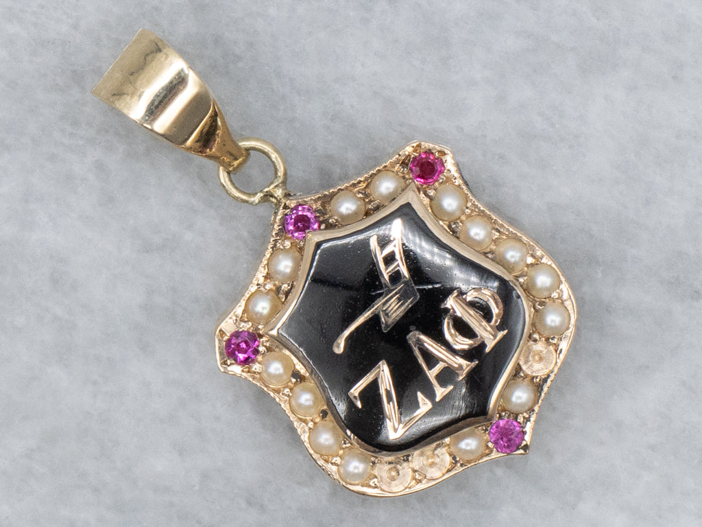 Antique Black Enamel Ruby Doublet and Seed Pearl "Zeta Alpha Phi" Sorority Pendant
