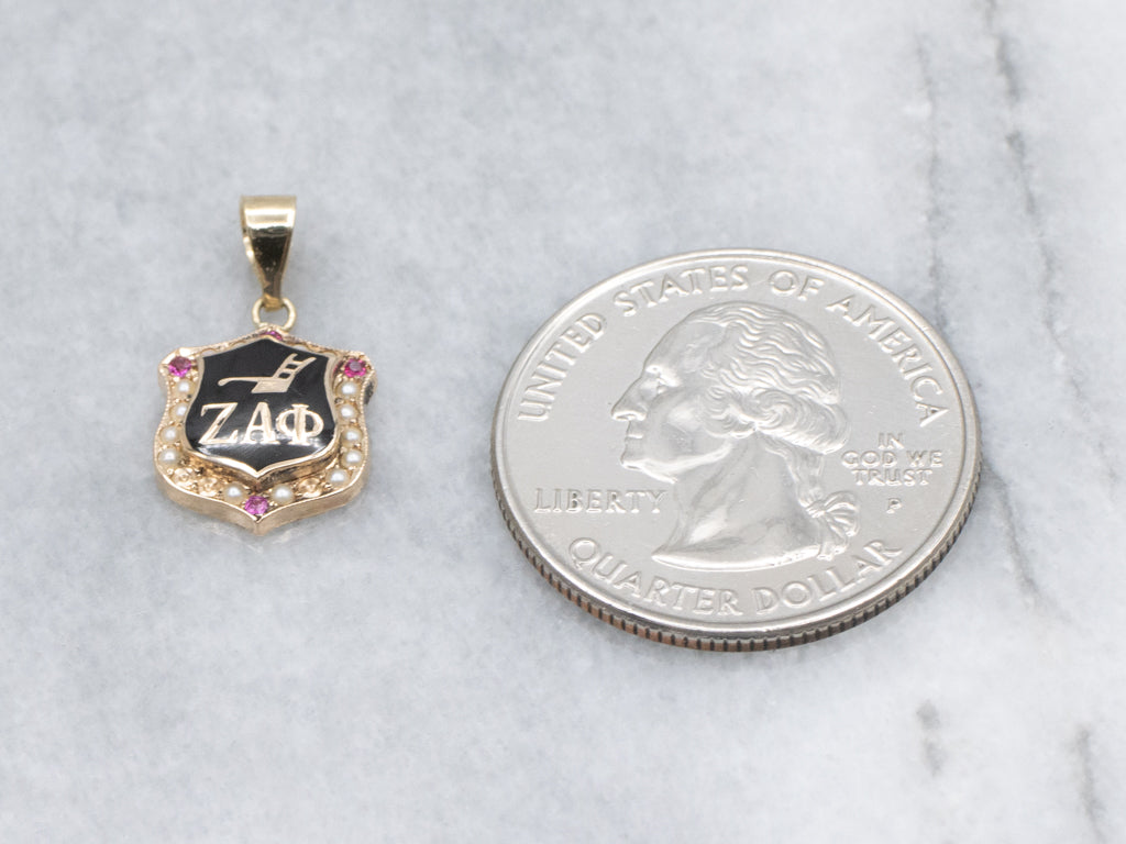 Antique Black Enamel Ruby Doublet and Seed Pearl "Zeta Alpha Phi" Sorority Pendant