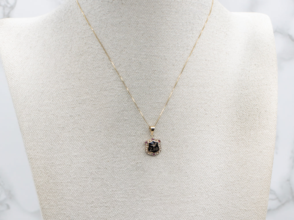 Antique Black Enamel Ruby Doublet and Seed Pearl "Zeta Alpha Phi" Sorority Pendant