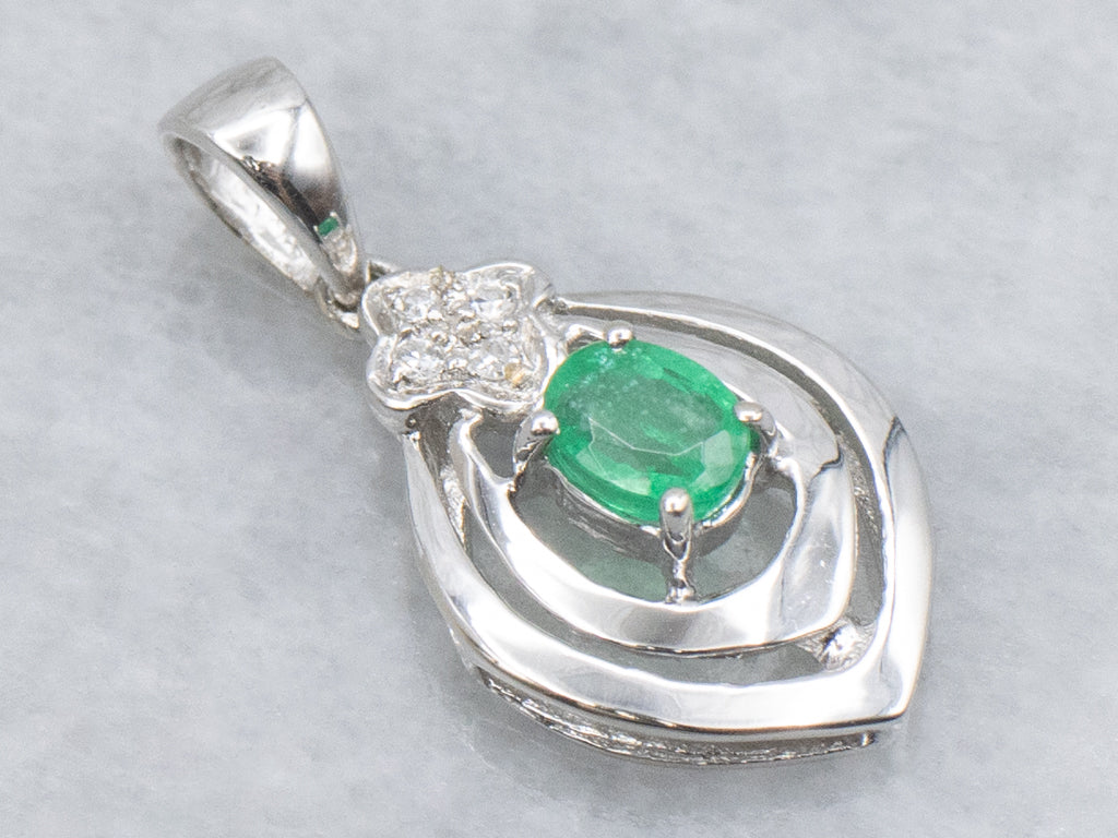 Oval-Cut Emerald and Diamond White Gold Pendant