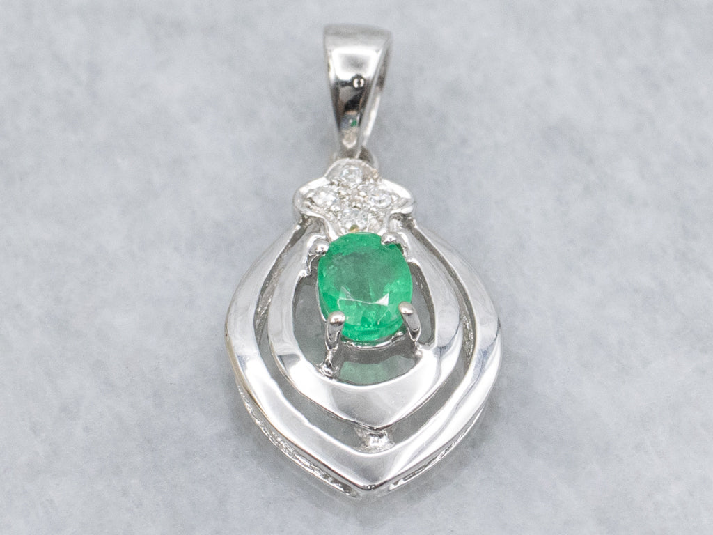 Oval-Cut Emerald and Diamond White Gold Pendant