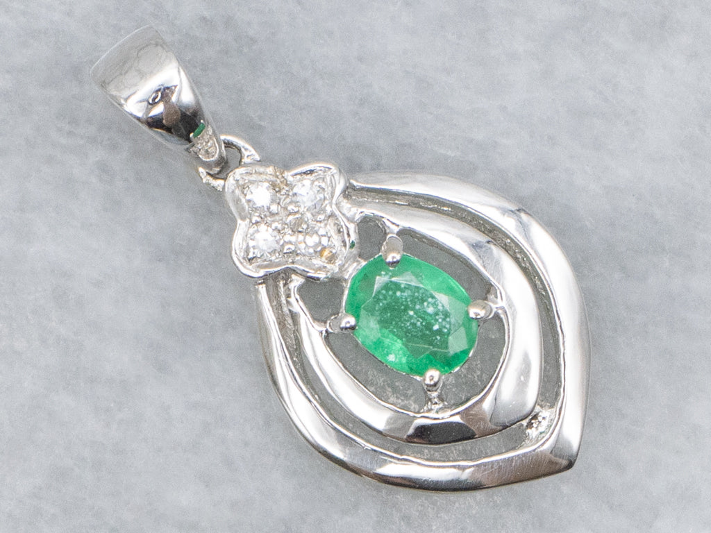 Oval-Cut Emerald and Diamond White Gold Pendant