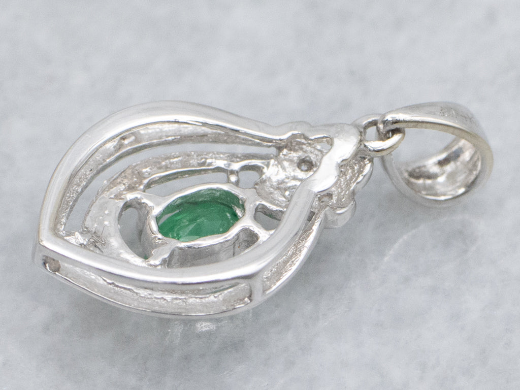 Oval-Cut Emerald and Diamond White Gold Pendant