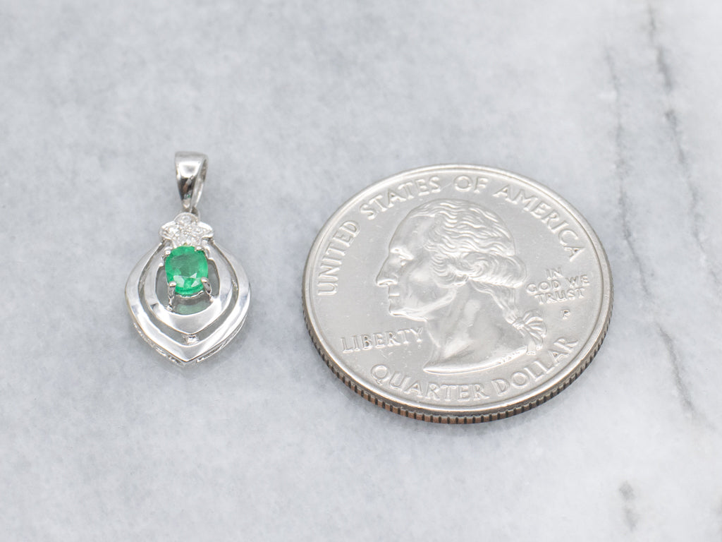 Oval-Cut Emerald and Diamond White Gold Pendant