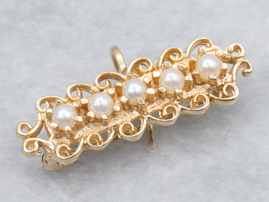 Ornate Scrolling Gold Saltwater Pearl Watch Pin Brooch