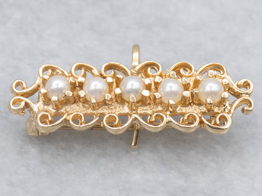 Ornate Scrolling Gold Saltwater Pearl Watch Pin Brooch