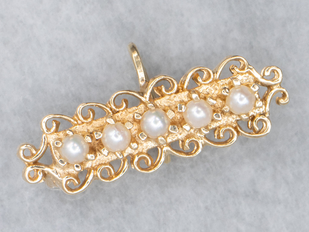 Ornate Scrolling Gold Saltwater Pearl Watch Pin Brooch