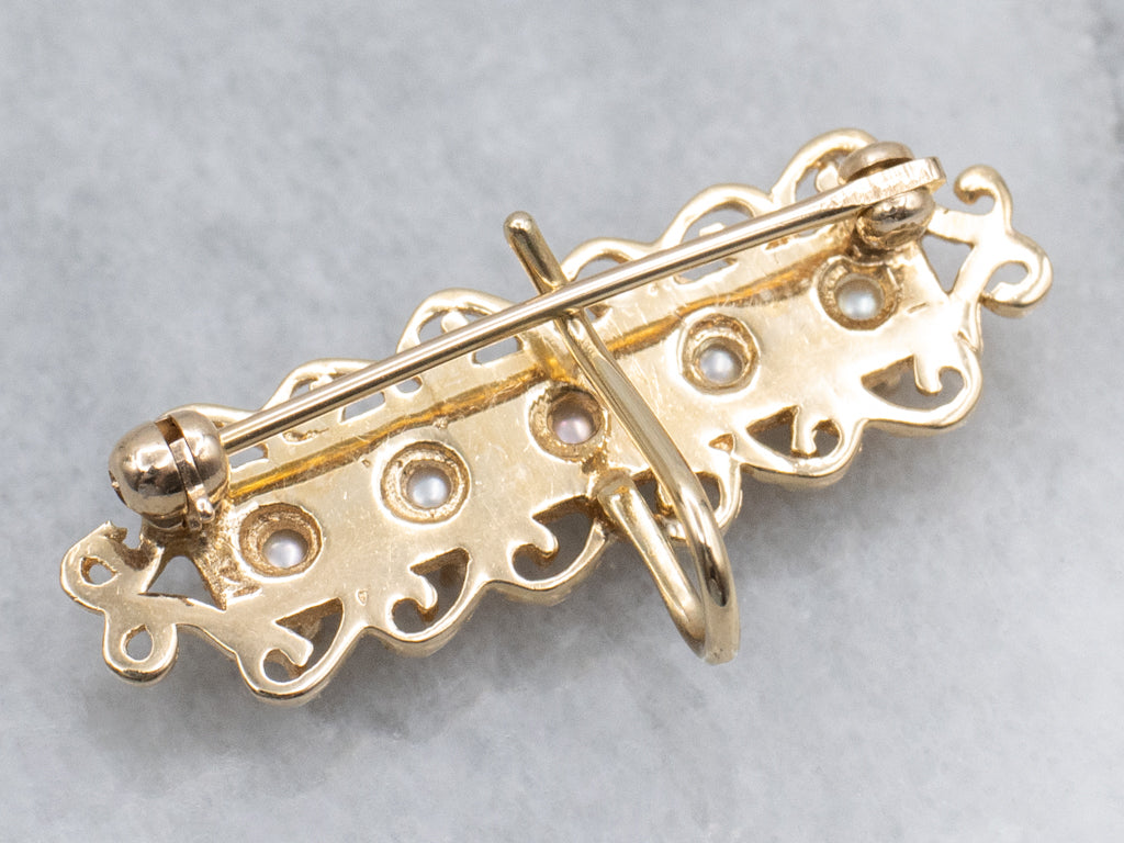 Ornate Scrolling Gold Saltwater Pearl Watch Pin Brooch