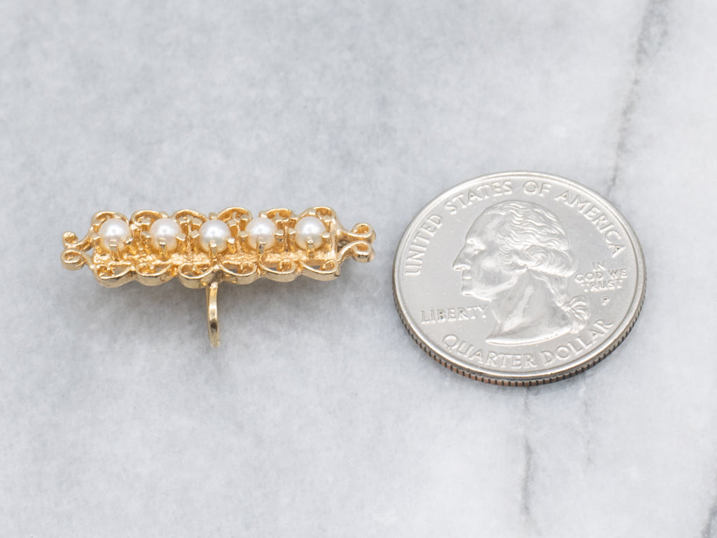 Ornate Scrolling Gold Saltwater Pearl Watch Pin Brooch