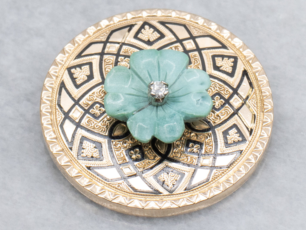 Carved Turquoise Flower and Diamond Black Enamel Gold Pendant