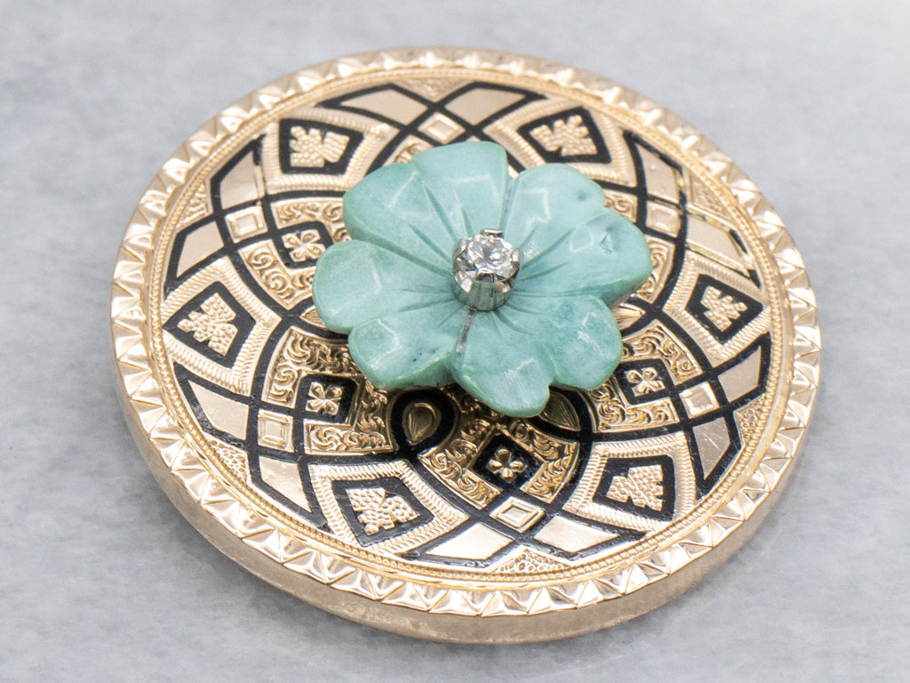 Carved Turquoise Flower and Diamond Black Enamel Gold Pendant