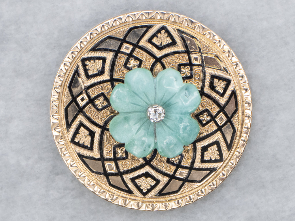 Carved Turquoise Flower and Diamond Black Enamel Gold Pendant