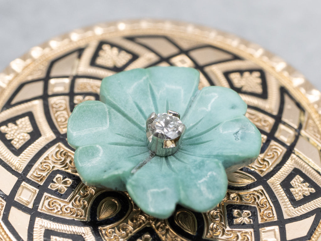 Carved Turquoise Flower and Diamond Black Enamel Gold Pendant