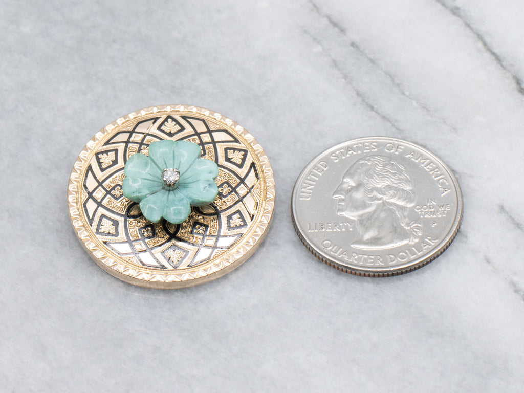 Carved Turquoise Flower and Diamond Black Enamel Gold Pendant