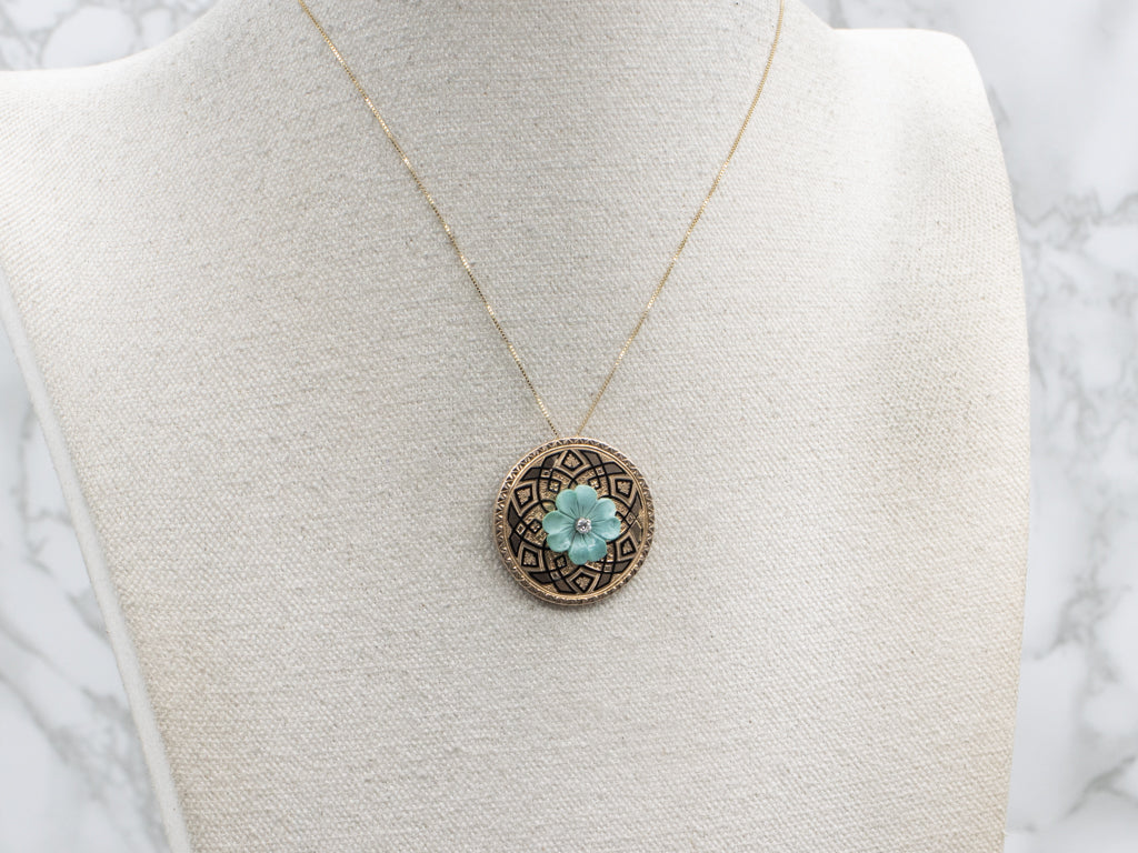 Carved Turquoise Flower and Diamond Black Enamel Gold Pendant