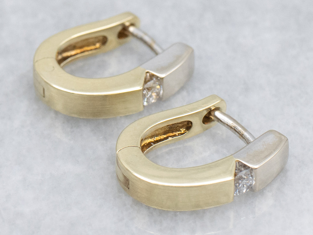 Two-Tone Gold Diamond Huggie Hoop Earrings