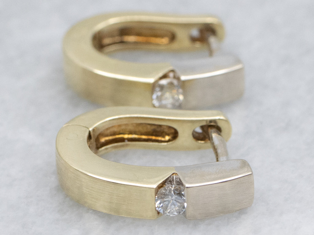 Two-Tone Gold Diamond Huggie Hoop Earrings