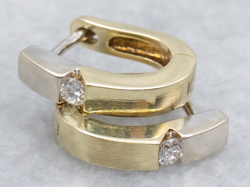 Two-Tone Gold Diamond Huggie Hoop Earrings
