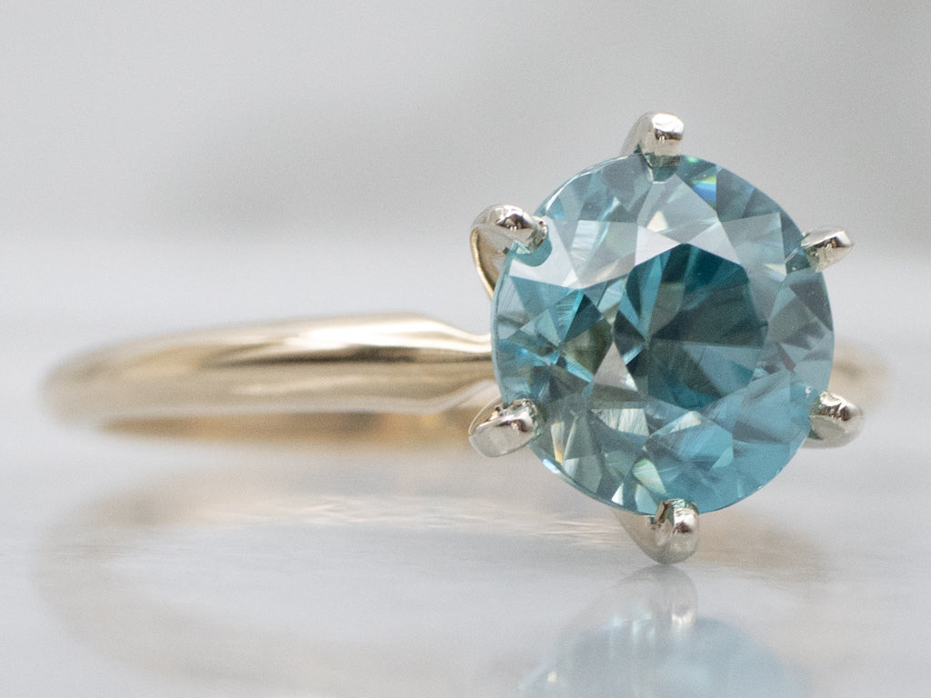 Round-Cut Blue Zircon Two-Tone Gold Solitaire Ring