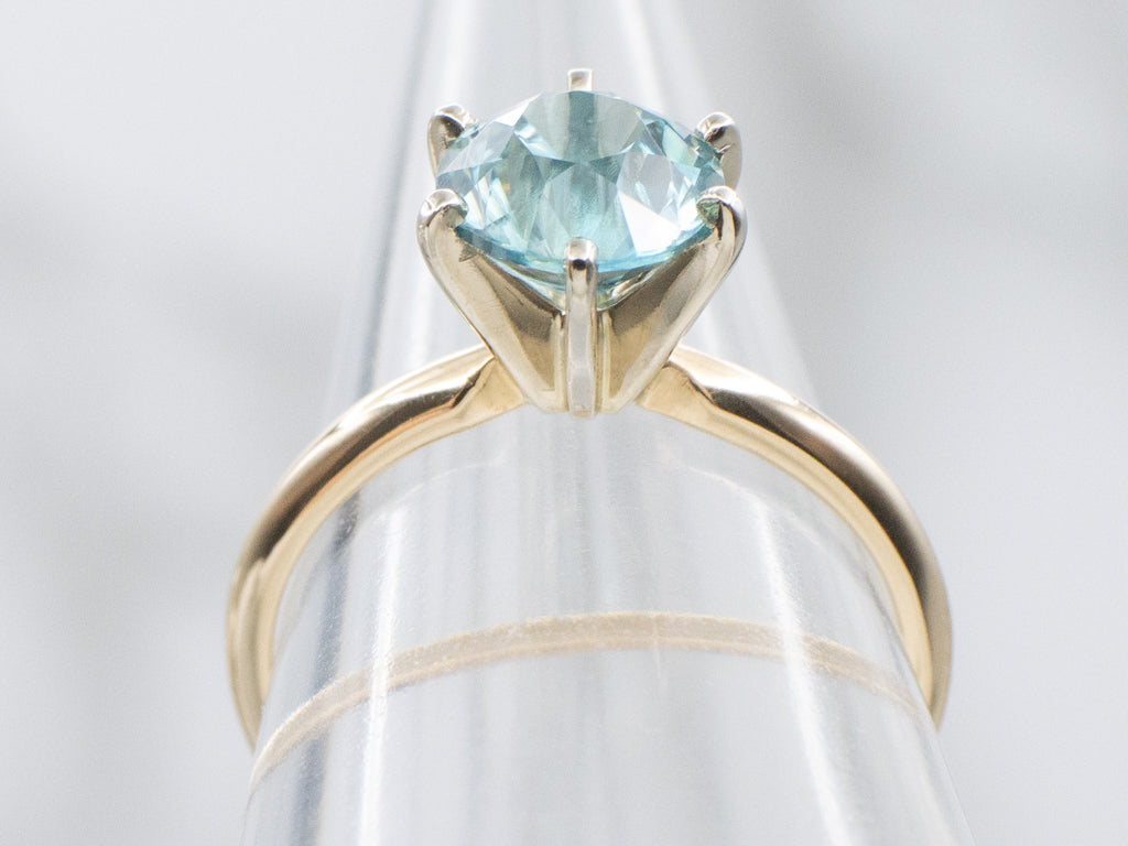 Round-Cut Blue Zircon Two-Tone Gold Solitaire Ring