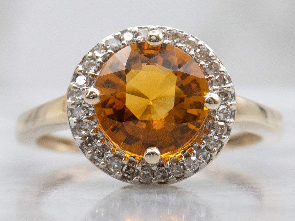 Sparkling Citrine and Diamond Halo Gold Ring