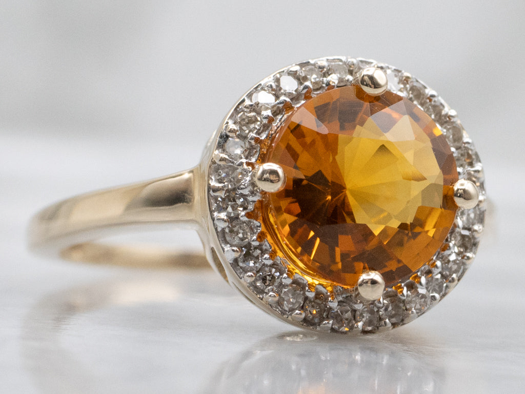 Sparkling Citrine and Diamond Halo Gold Ring