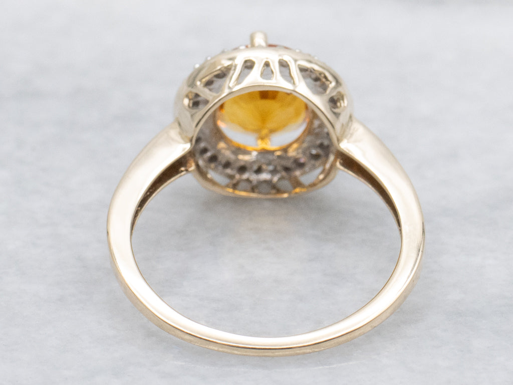 Sparkling Citrine and Diamond Halo Gold Ring