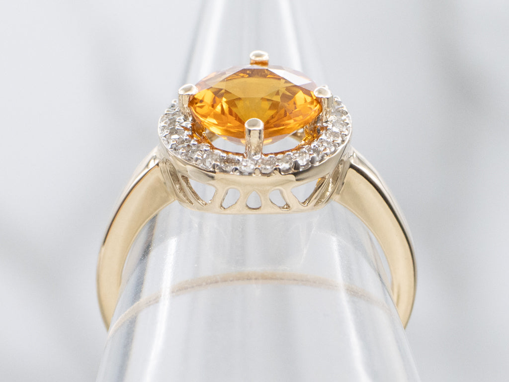Sparkling Citrine and Diamond Halo Gold Ring