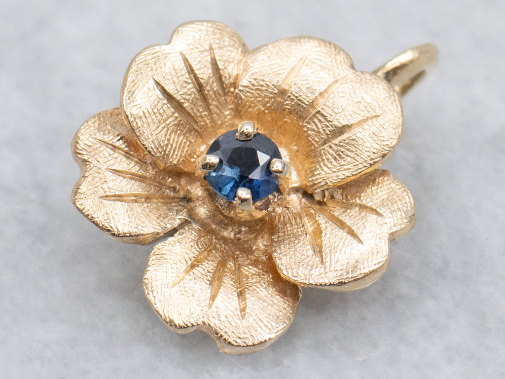 Textured Gold Flower Pendant with Sapphire Center