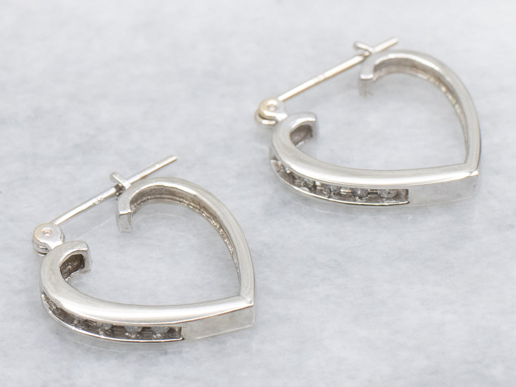 White Gold Channel-Set Diamond Heart Hoop Earrings